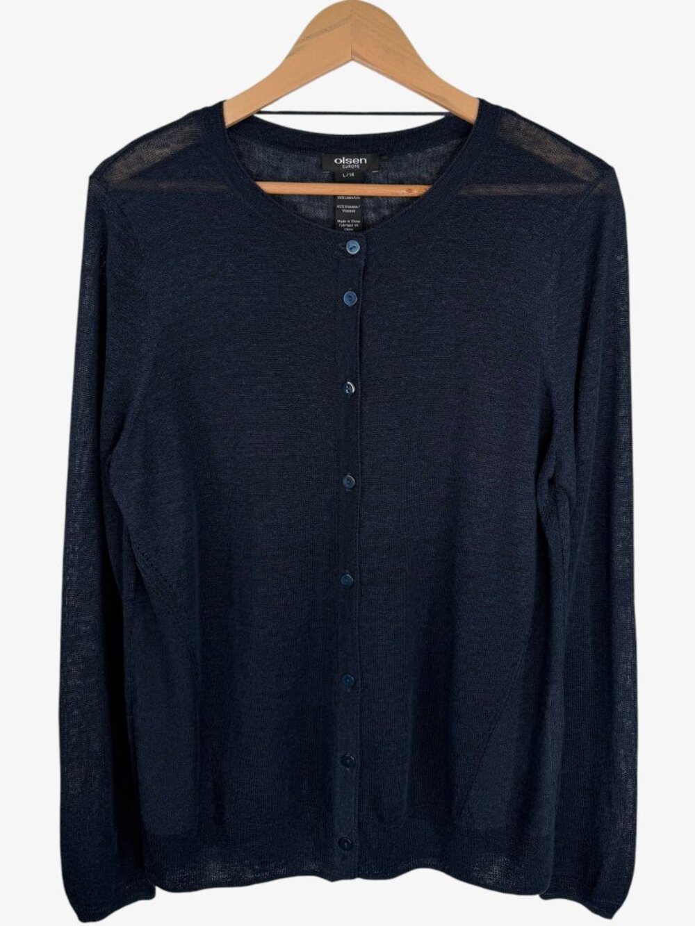 OLSEN EUROPE Linen Blend Lightweight Crew Neck Cardigan - Navy - Size L/14